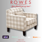 Plaid armchair with promotional text and logos on a gray background