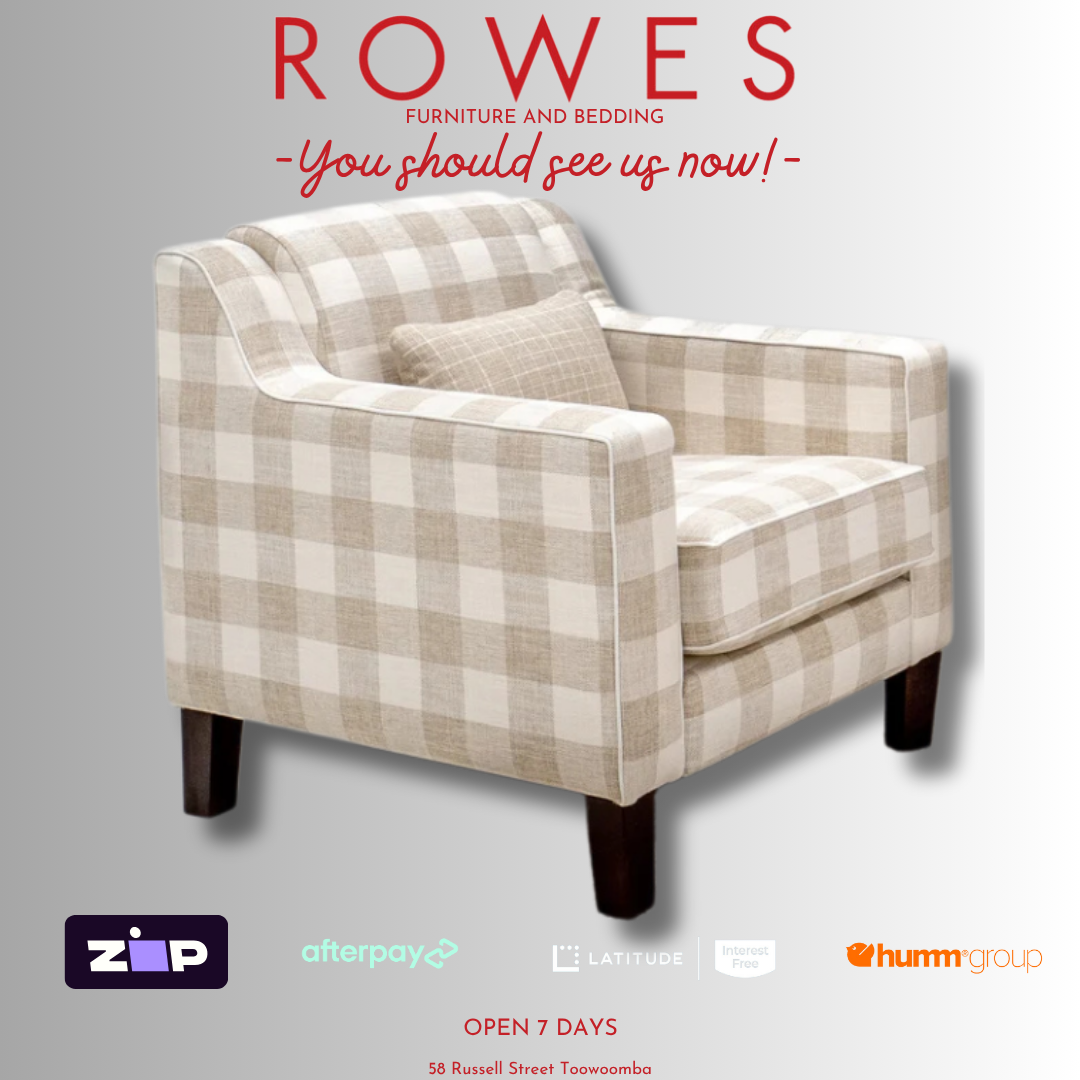 Plaid armchair with promotional text and logos on a gray background