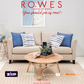 Advertisement for Rowes Furniture and Bedding with a beige sofa and decorative pillows.