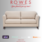Beige sofa on a gray background with 'Rowes Furniture and Bedding' text and logos.