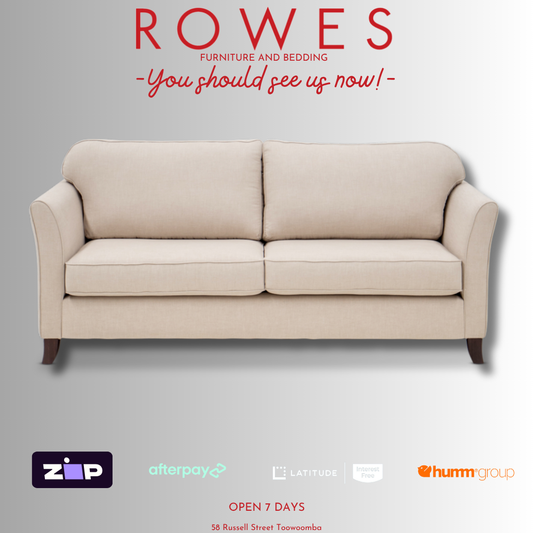 Beige sofa on a gray background with 'Rowes Furniture and Bedding' text and logos.