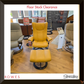 Yellow chair and ottoman in a furniture store with 'Floor Stock Clearance' sign.