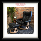 Black leather armchair and ottoman with wooden legs in a room with brick wall and plants, branded 'Rowes Furniture & Bedding'.