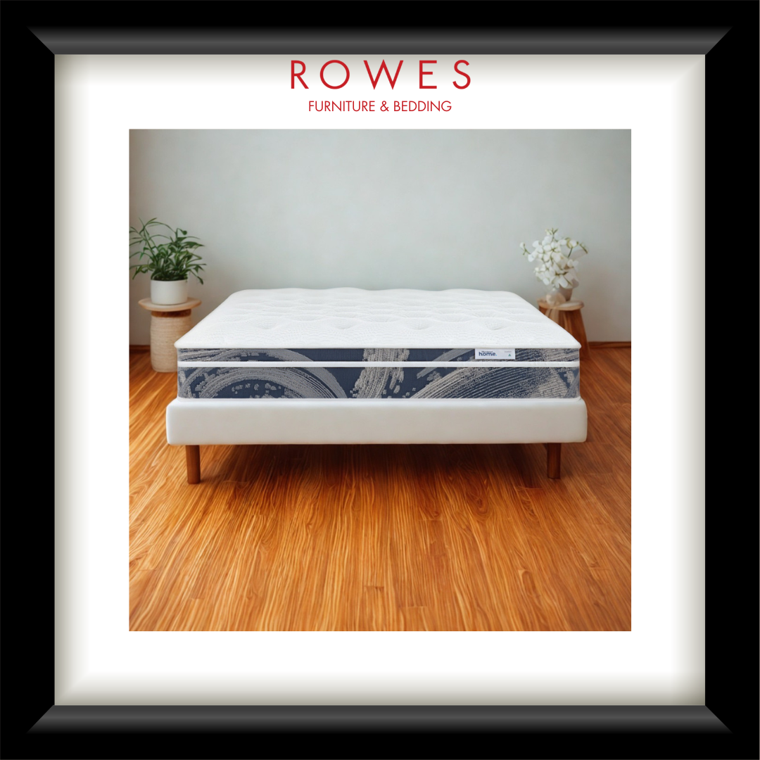 Mattress on a bed frame with 'Rowes Furniture & Bedding' branding.