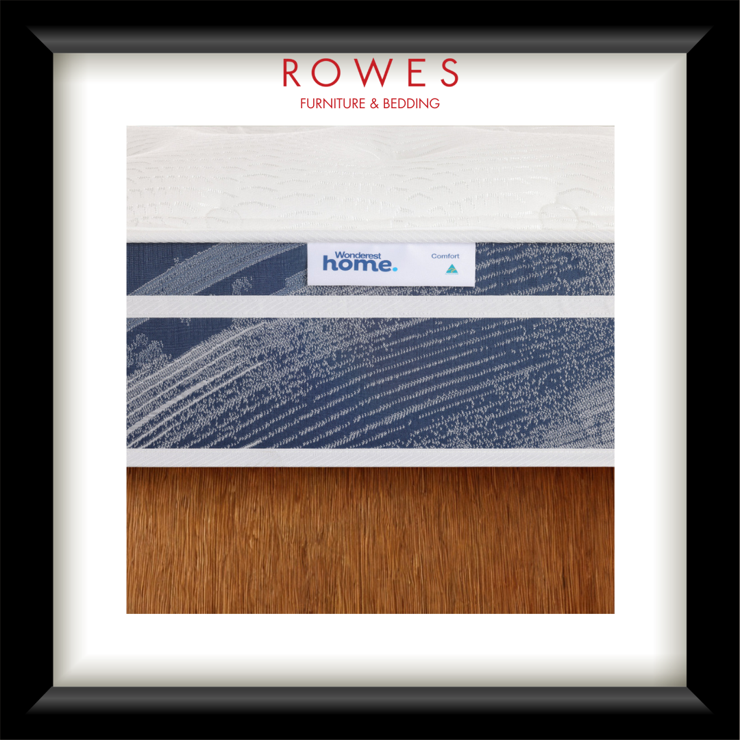 Framed mattress sample with 'Rowes Furniture & Bedding' branding on a white background.