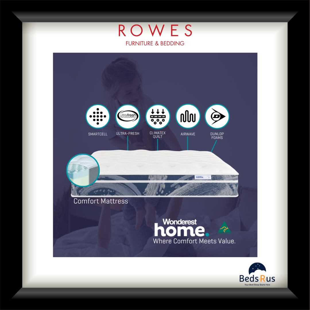 Advertisement for a mattress with features listed, branded by Rows Furniture & Bedding and BedsRus.