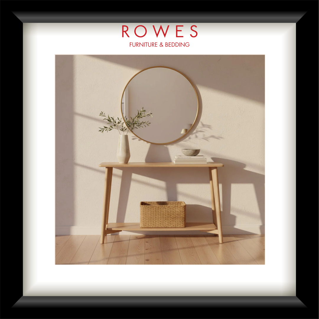 Wooden console table with round mirror and decorative items, featuring Rowes Furniture & Bedding logo.