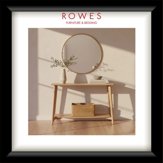 Wooden console table with round mirror and decorative items, featuring Rowes Furniture & Bedding logo.