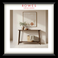 Framed interior design image with a wooden console table, mirror, and decor items, featuring the Rowes brand.
