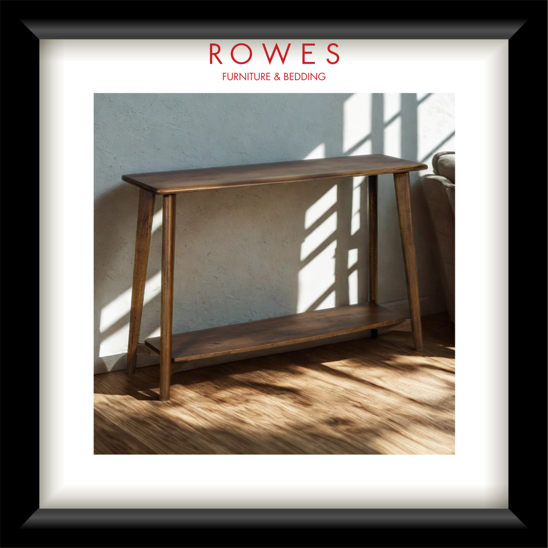 Wooden console table with sunlight casting shadows on a wall, branded 'Rowes Furniture & Bedding'.