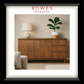 Wooden sideboard with lamp and plant in a room setting, featuring Rowes Furniture & Bedding logo.