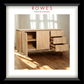 Wooden sideboard with open doors and drawers on a wooden floor, featuring the Rowes Furniture & Bedding logo.
