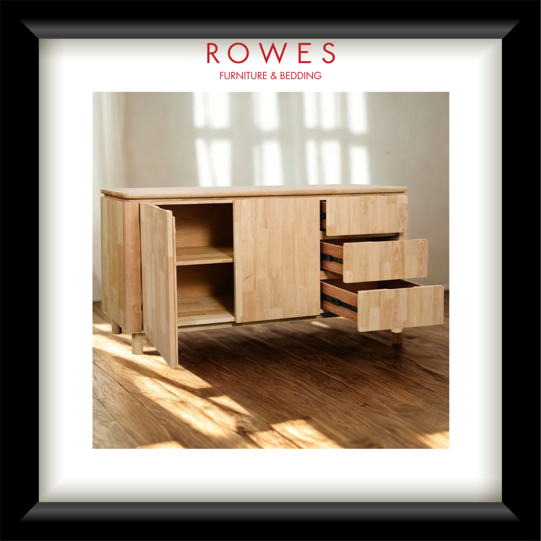 Wooden sideboard with open doors and drawers on a wooden floor, featuring the Rowes Furniture & Bedding logo.