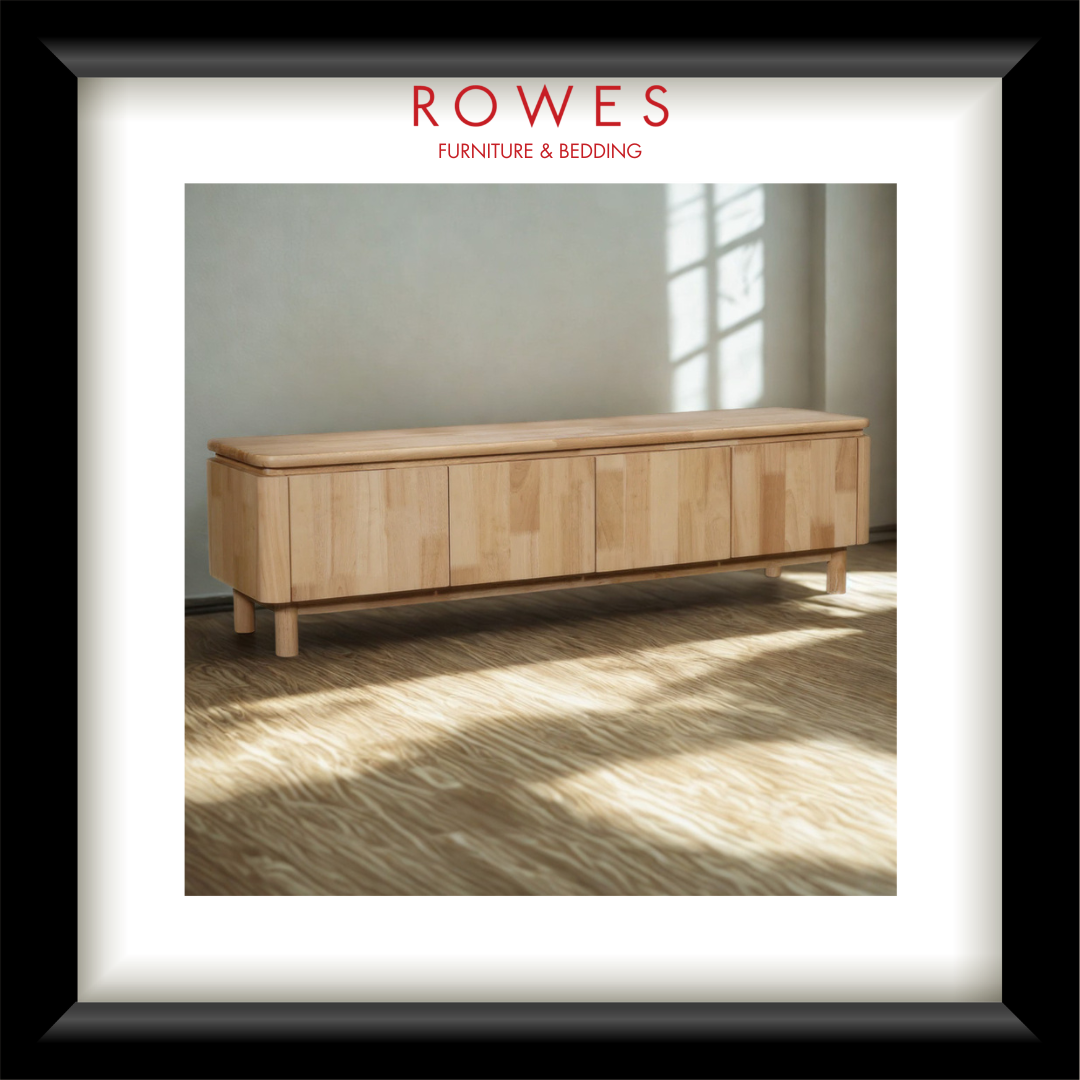 Wooden bench in a room with sunlight casting shadows, branded 'Rowes Furniture & Bedding'.