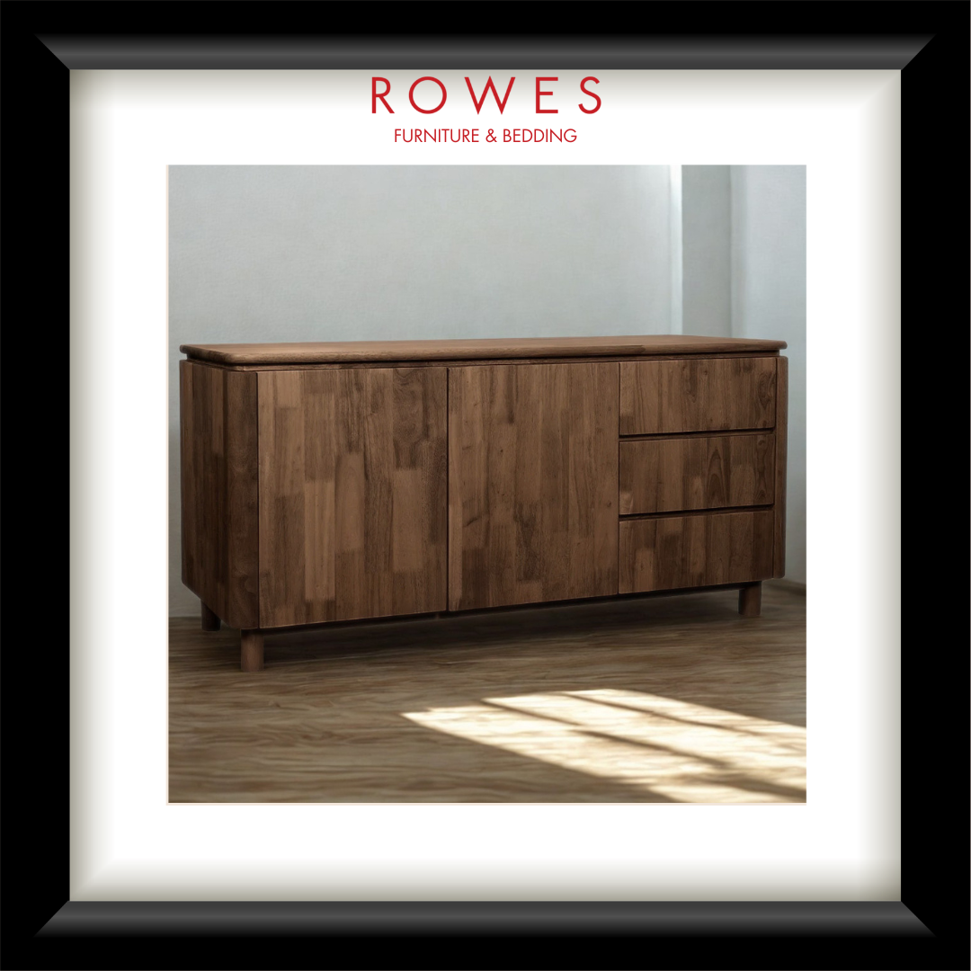 Wooden dresser with 'Rowes Furniture & Bedding' logo above it.