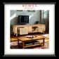 Wooden entertainment console and coffee table in a living room setting with 'Rowes Furniture & Bedding' branding.