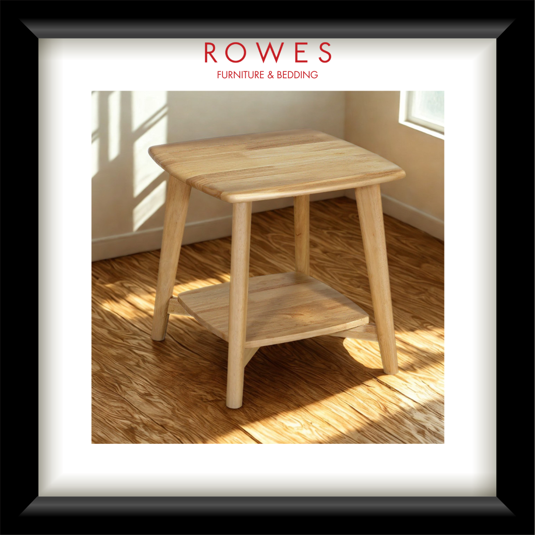 Wooden side table on a wooden floor with 'Rowes Furniture & Bedding' branding.