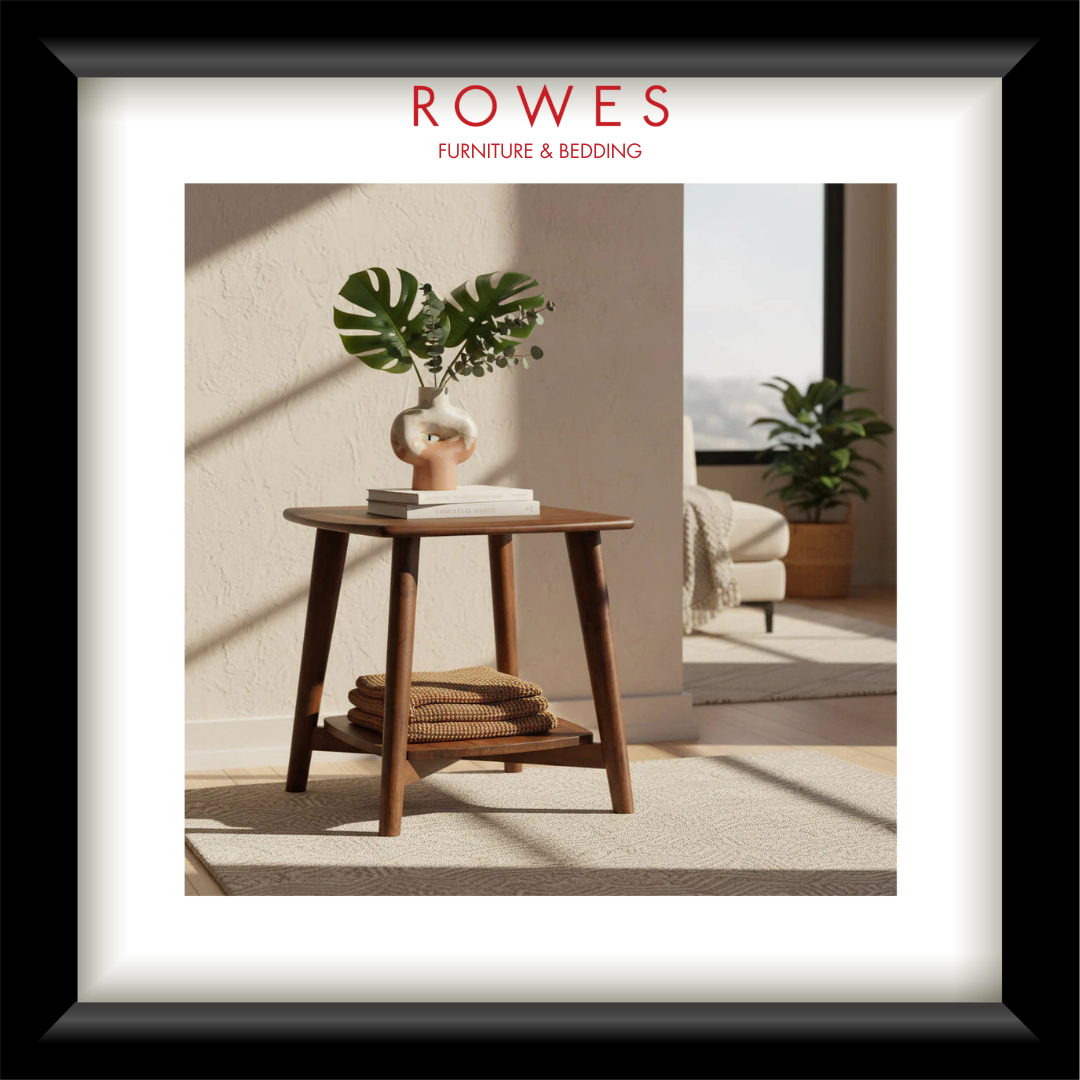 Wooden side table with a plant in a modern living room setting, featuring the Rowes brand.