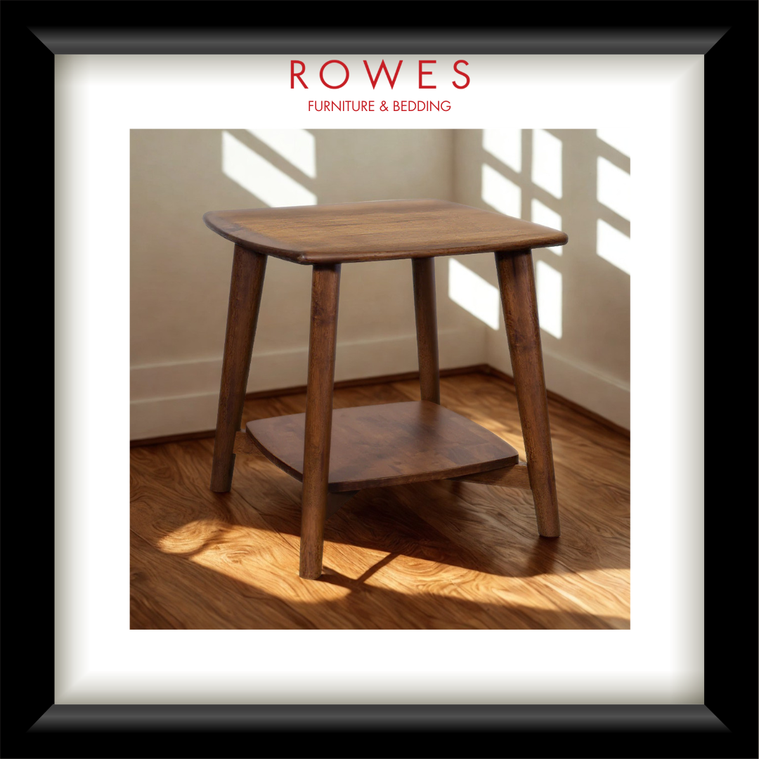 Wooden side table in a room with sunlight streaming through windows, branded 'Rowes Furniture & Bedding'.