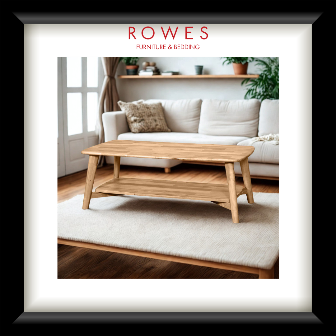 Wooden coffee table in a living room with 'Rowes Furniture & Bedding' branding.