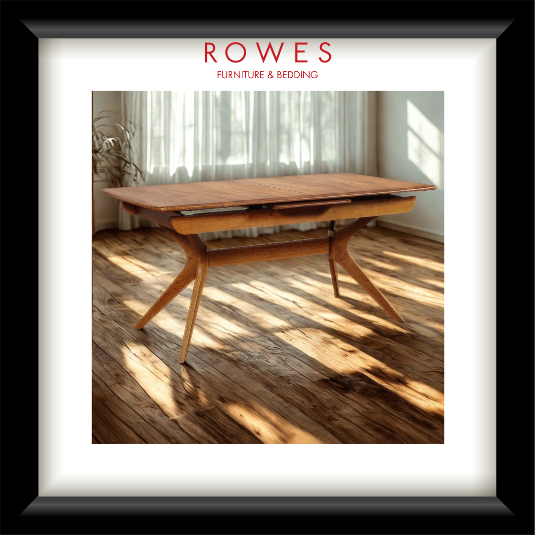 Wooden dining table with 'Rowes Furniture & Bedding' branding in the corner.