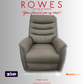 Brown leather recliner on a grey background featuring Rowes logo