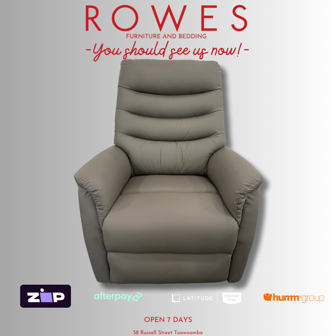Brown leather recliner on a grey background featuring Rowes logo