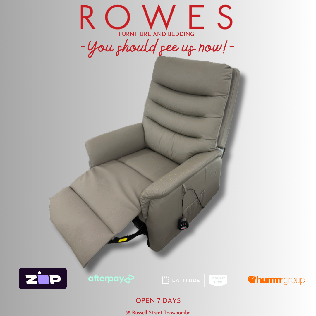 Beige recliner chair on a gray background with promotional text and logos.