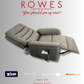 Beige recliner sofa on a gray background with 'Rowes' branding and promotional text.