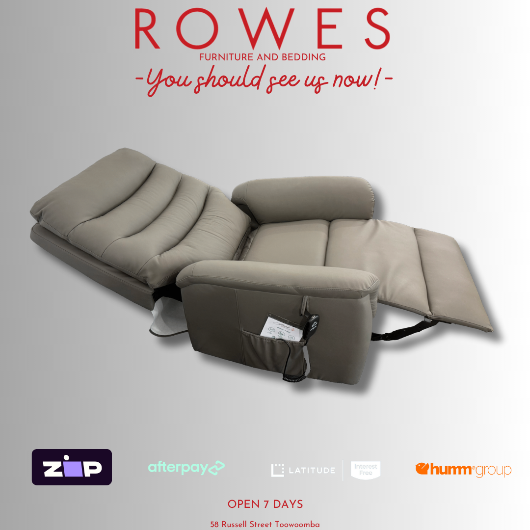Beige recliner sofa on a gray background with 'Rowes' branding and promotional text.