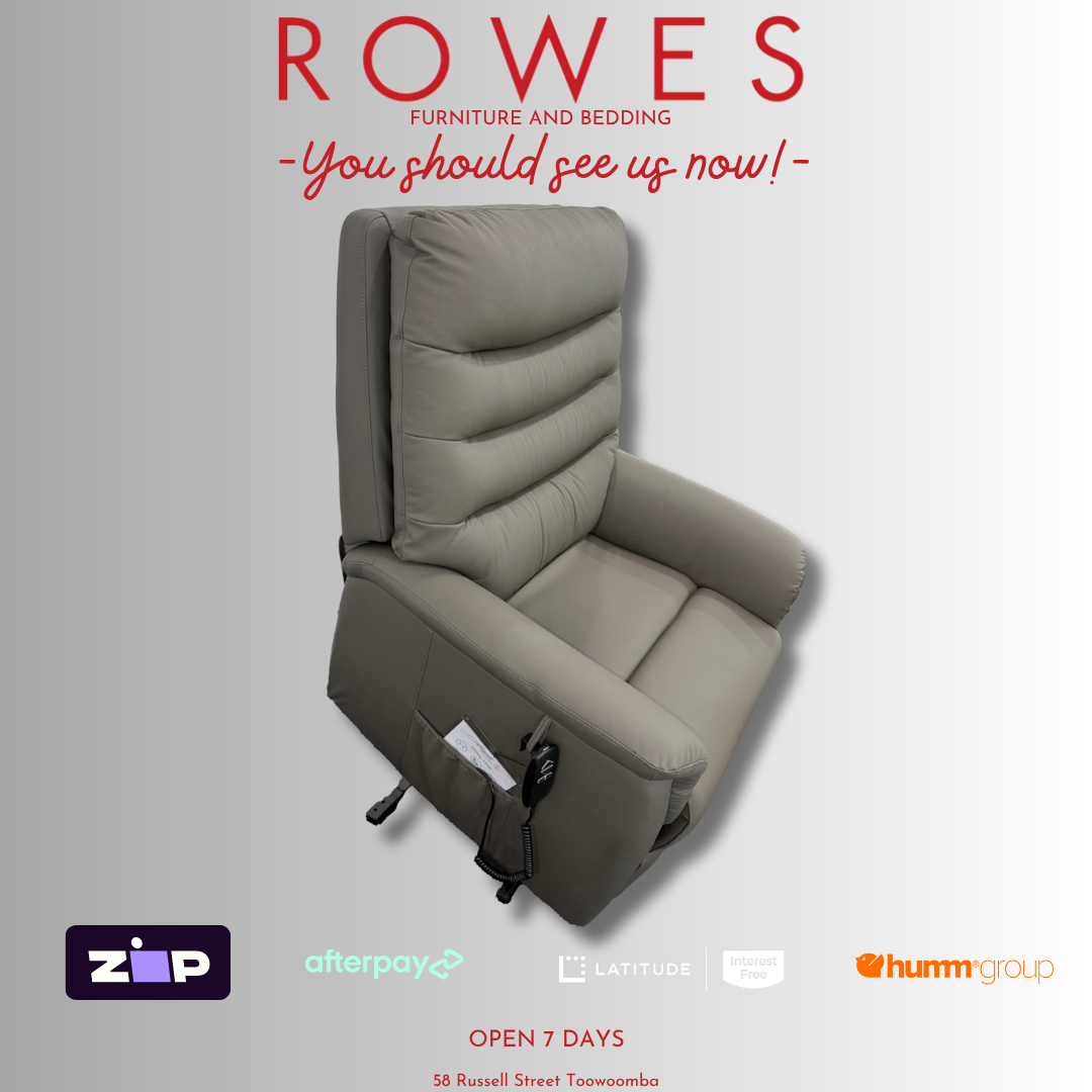 Gray recliner chair with promotional text and logos on a light gray background