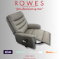 Gray recliner chair with promotional text and logos on a white background
