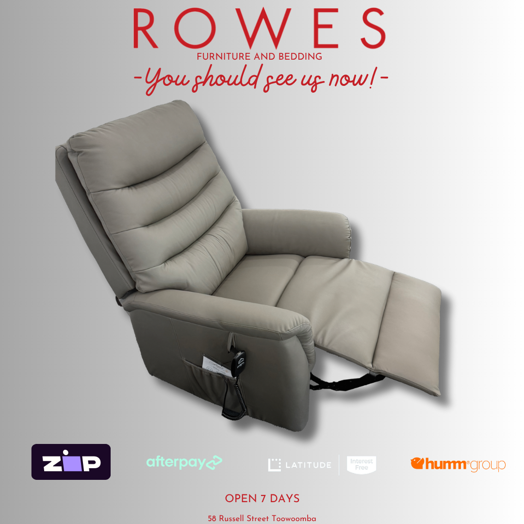 Gray recliner chair with promotional text and logos on a white background