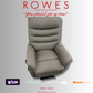 Beige recliner chair with 'Rowes' branding and payment options on a gray background